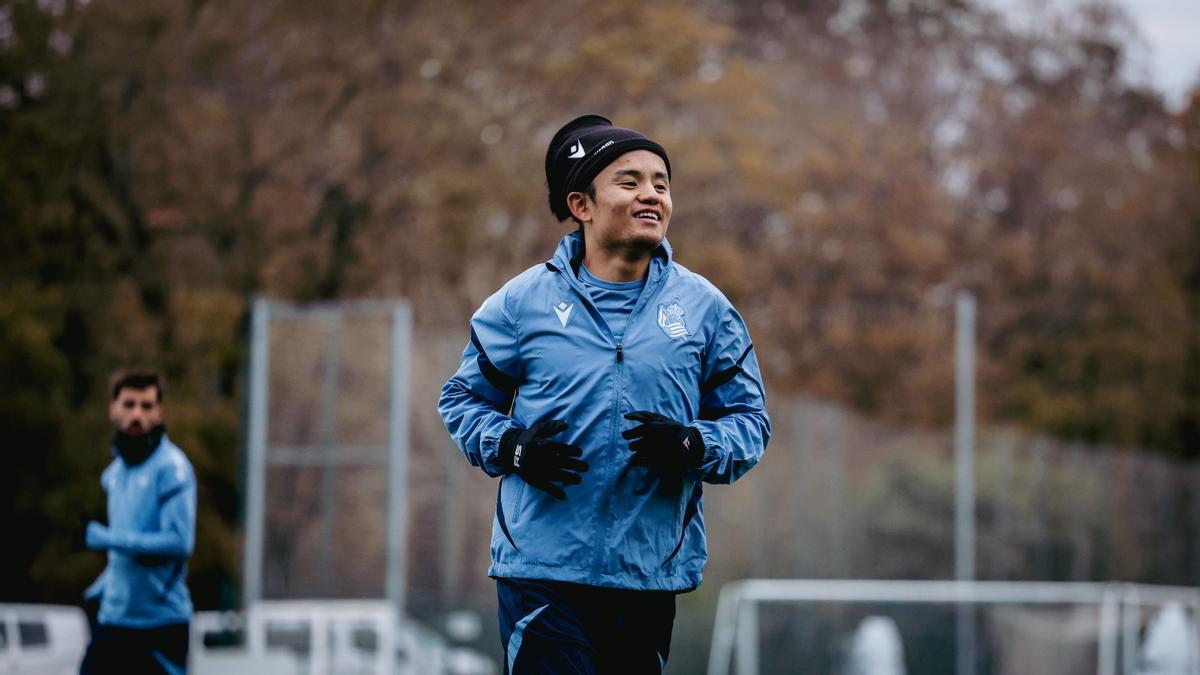 Take Kubo, en el entrenamiento de ayer en Zubieta.