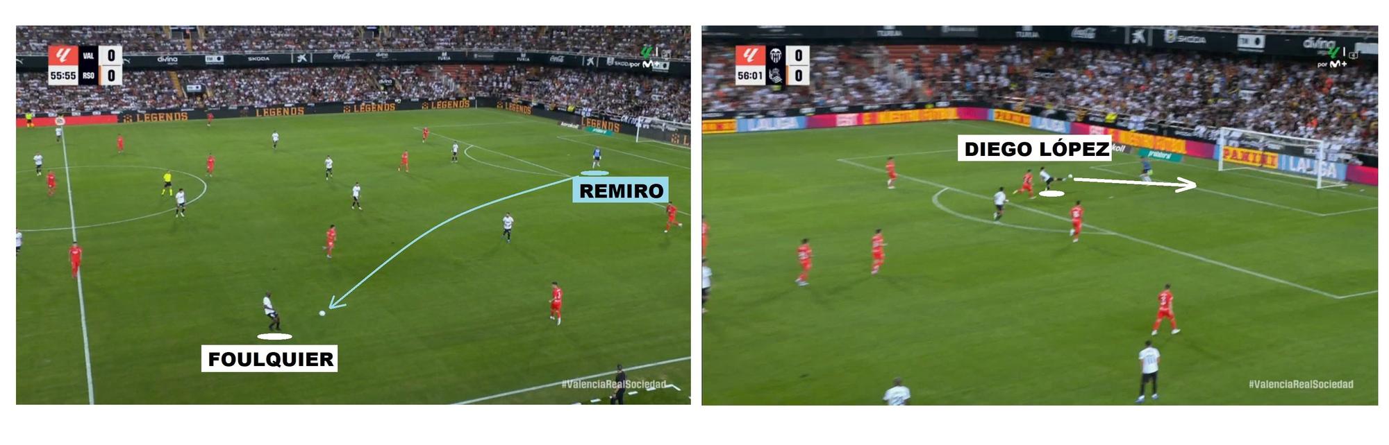 El 1-0 del Valencia: Remiro envía defectuosamente a Aihen en el minuto 55.53, y Diego López marca en el 56.02.