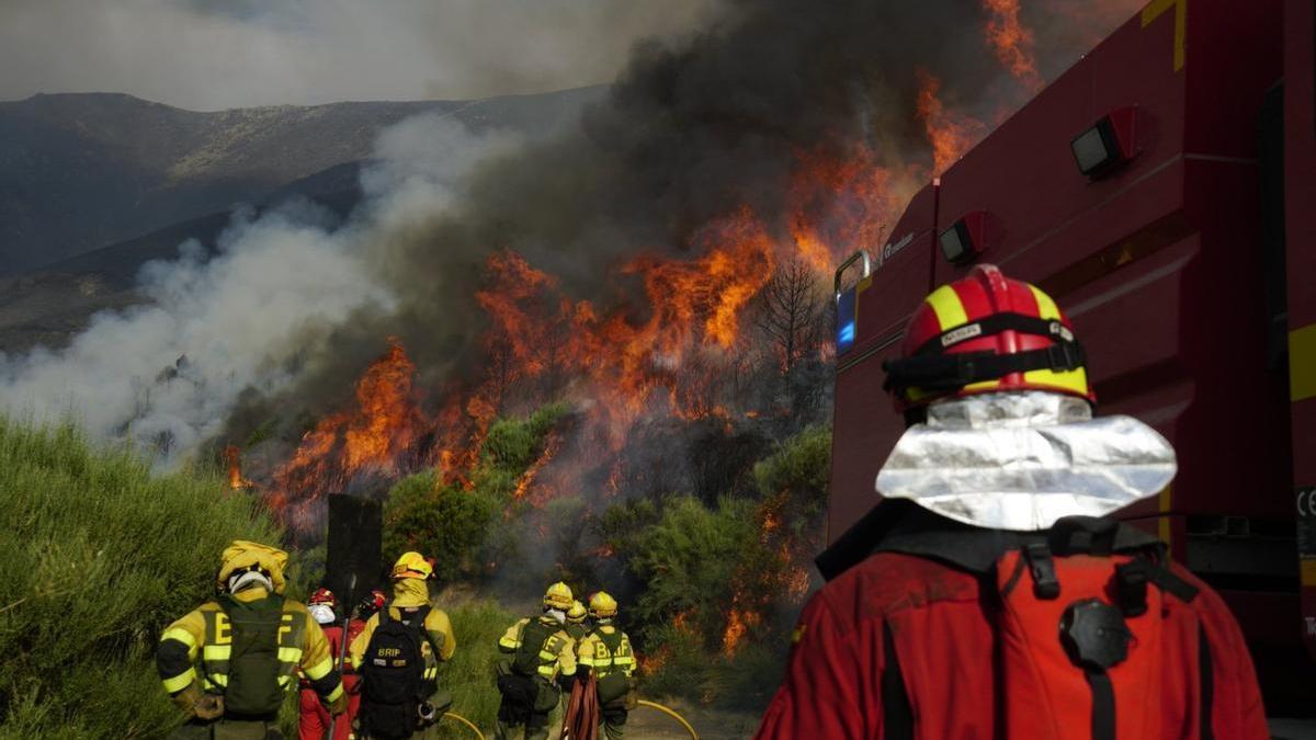 Efectivos de la UME trabajan en el incendio de Jarilla, en Cáceres.