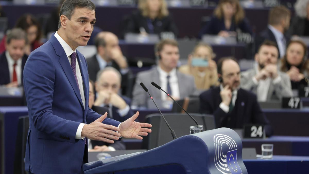 Pedro Sánchez, durante su intervención en el Parlamento Europeo.