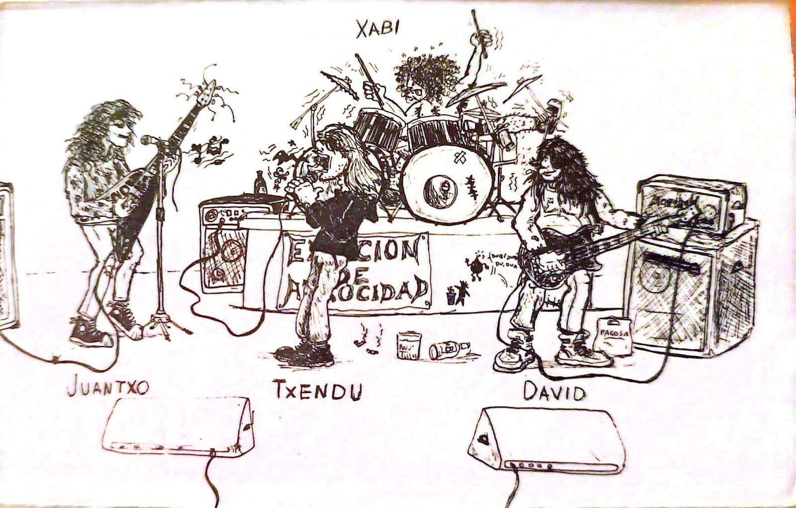 Caricatura de Exhibición de Atrocidad, grupo en el que tocó Juantxo.