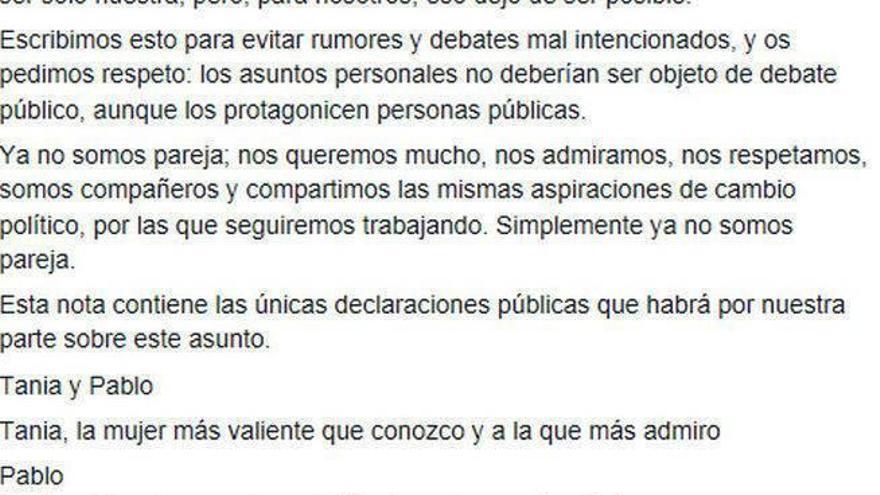 Tania Sánchez y Pablo Iglesias han anunciado que ya no son pareja en un mensaje en las redes sociales firmado por ambos.