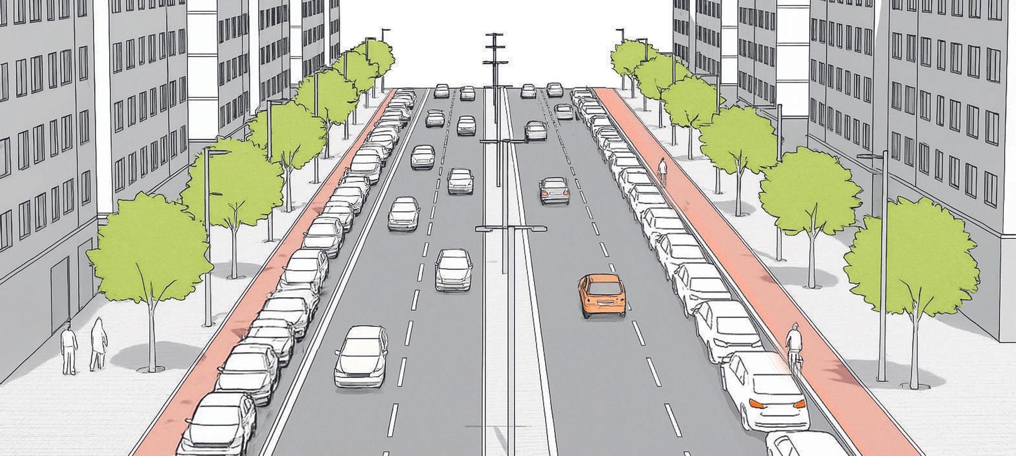 Recreación de cómo quedará la distribución de carriles para peatones, tráfico y bicis en el tramo de la Avenida Gasteiz donde se va a intervenir