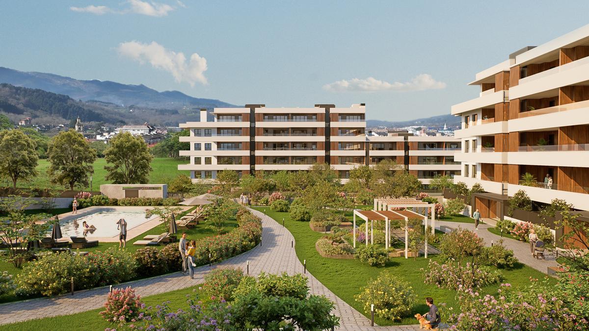 Vista de la promoción Eguzki Alde, con amplias terrazas, bajos con jardines privados, zonas verdes y piscina comunitaria.
