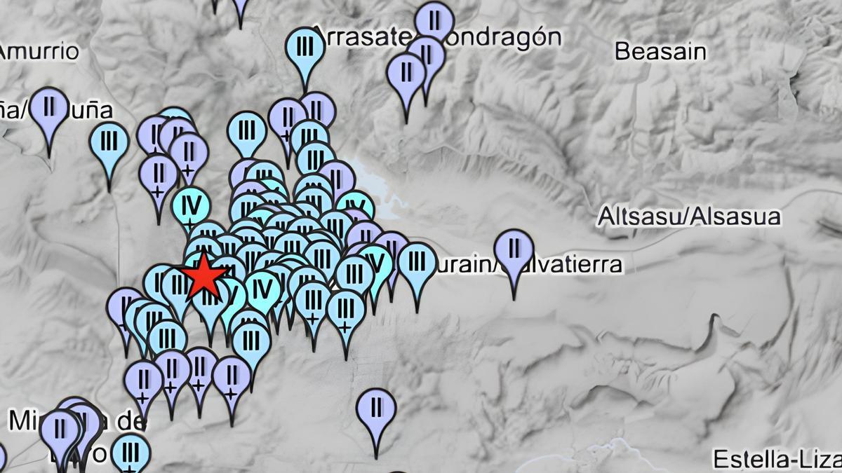 Mapa donde se ha percibido el terremoto junto a Vitoria-Gasteiz