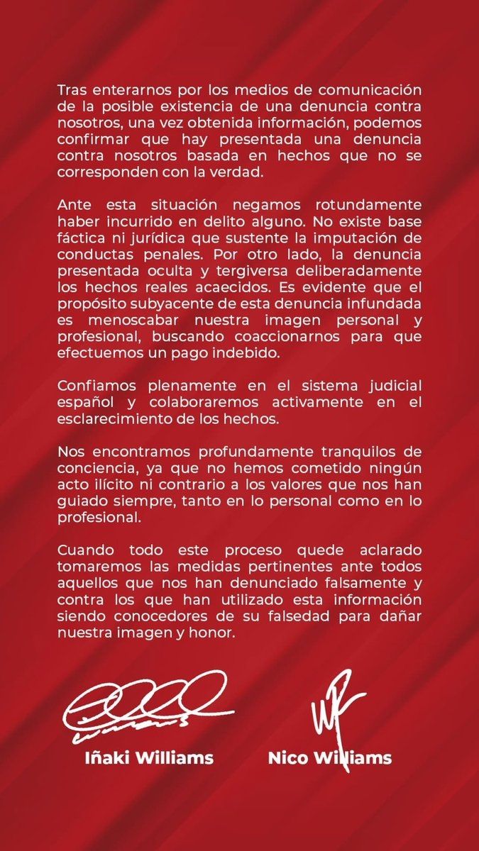 Comunicado de Iñaki y Nico Williams
