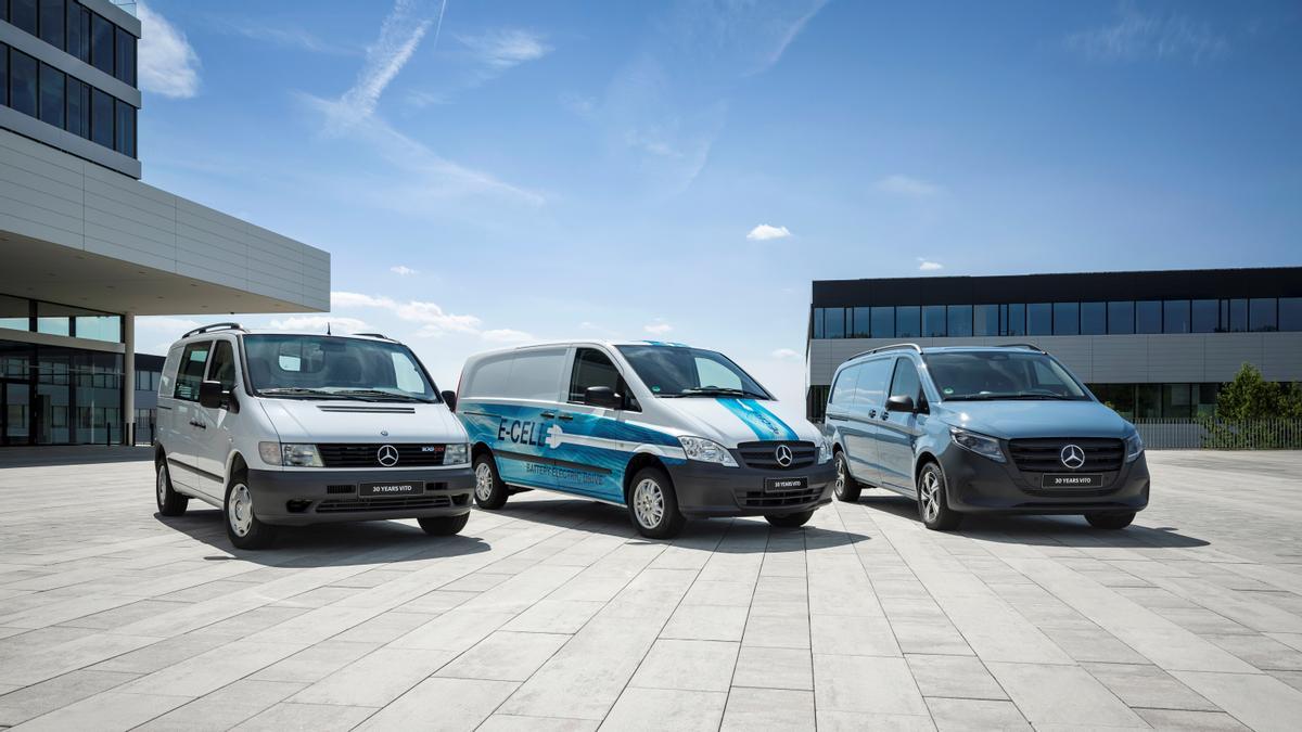 Una Vito de primera generación, una Vito E-Cell y una eVito.