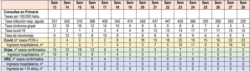 Incidencia de los virus respiratorios en Navarra (las semanas 27 y 28 se refieren a la primera quincena de julio).