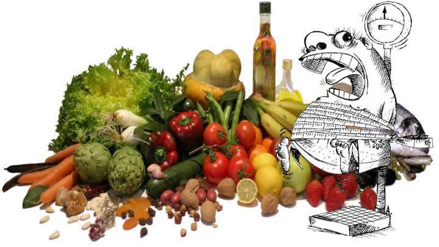 Frutas, verduras y pescado, alimentos de una dieta equilibrada.