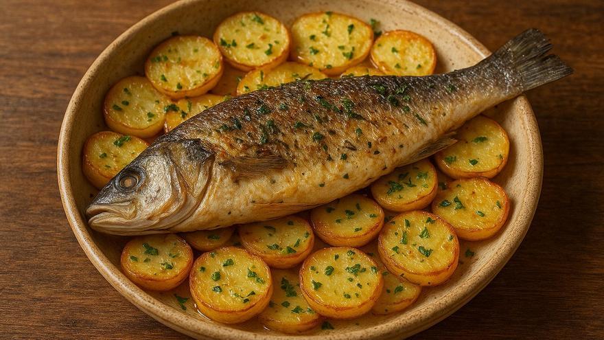 Sabores del mar y la tierra: Lubina al horno con crujientes patatas panadera