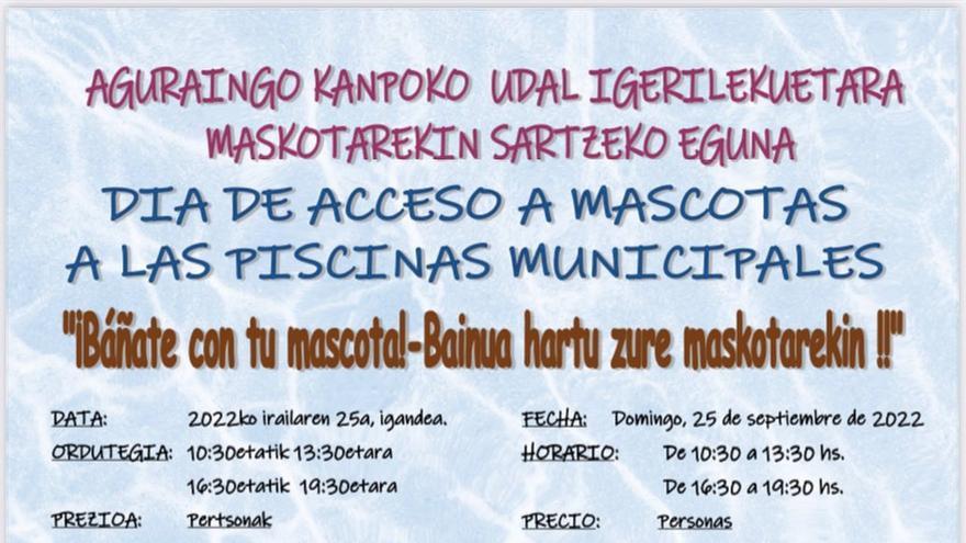 El cartel que anuncia el Día de acceso a las piscinas de Agurain de las mascotas