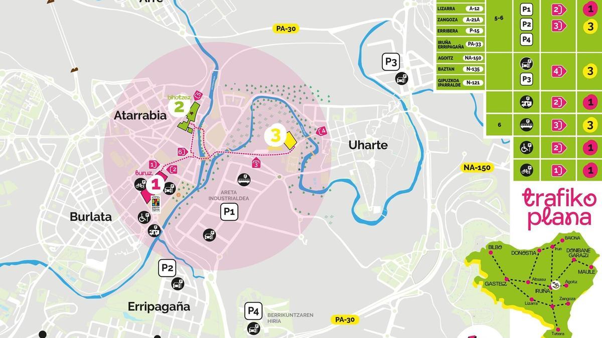 Plano de dónde aparcar en el Nafarroa Oinez 2025.