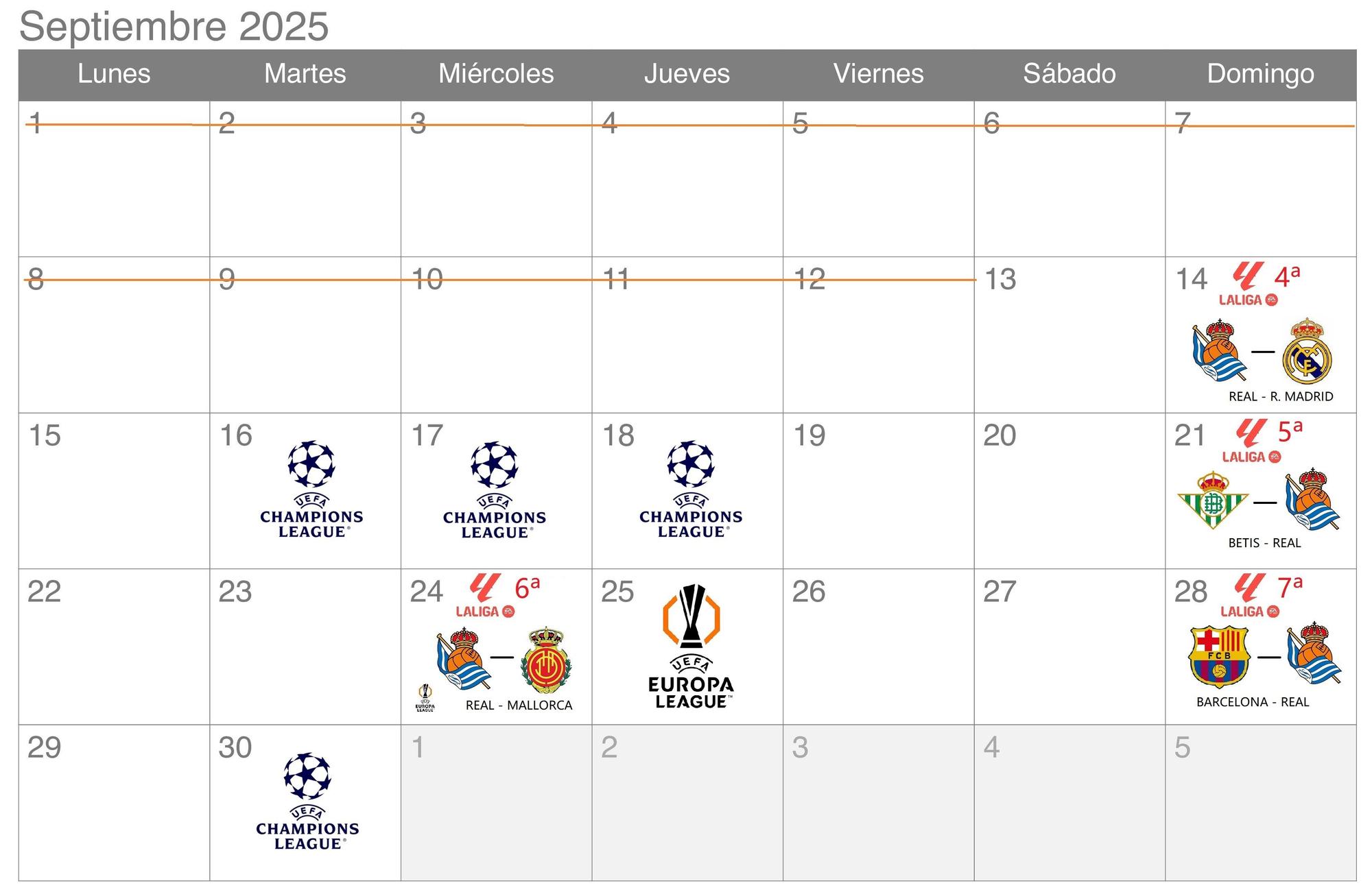 2- SEPTIEMBRE: CONTRA &#039;EUROPEOS&#039;. Los partidos contra Real Madrid, Betis, Barcelona e incluso Rayo Vallecano (5 de octubre) se verán marcados por los compromisos europeos (previos o posteriores) de estos cuatro adversarios.