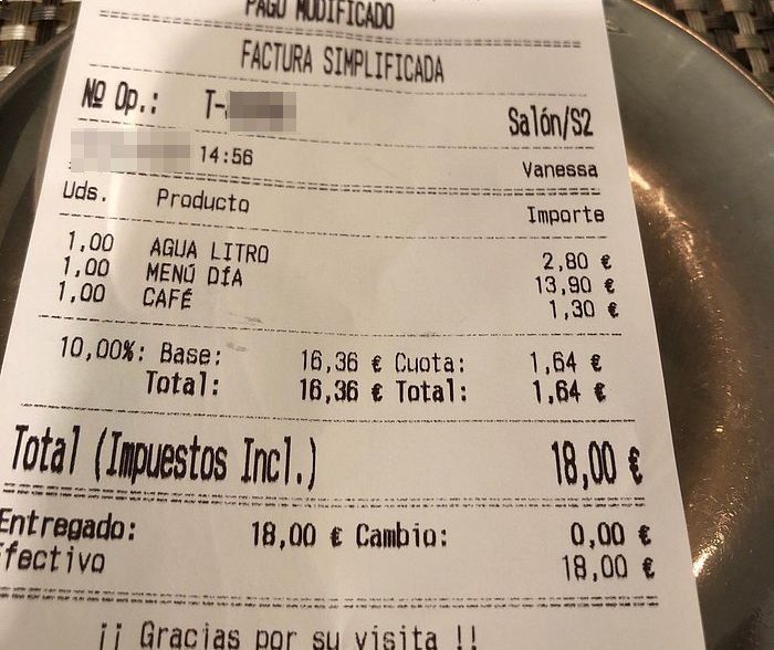 Factura del menú del día en un establecimiento navarro.