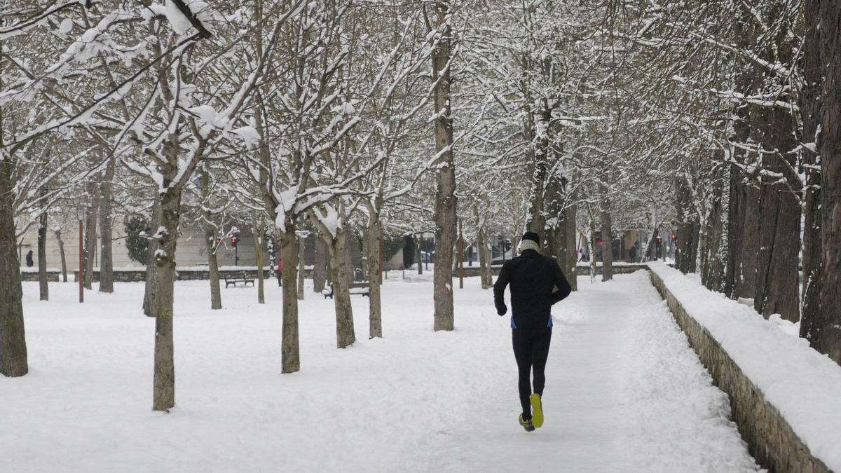 Una bucólica estampa del parque de El Prado nevado