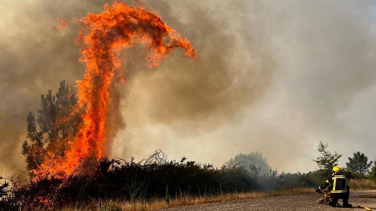 Un bombero, ante una lengua de fuego en Galicia.