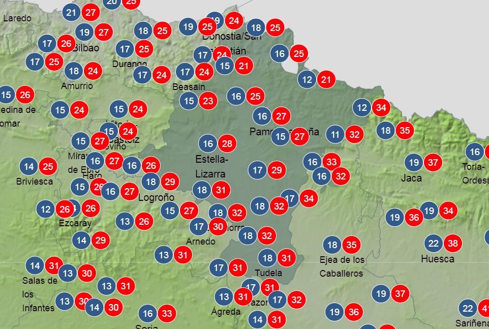 Máximas y mínimas previstas para el lunes en Navarra.