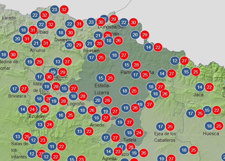 Temperaturas máximas y mínimas del martes.
