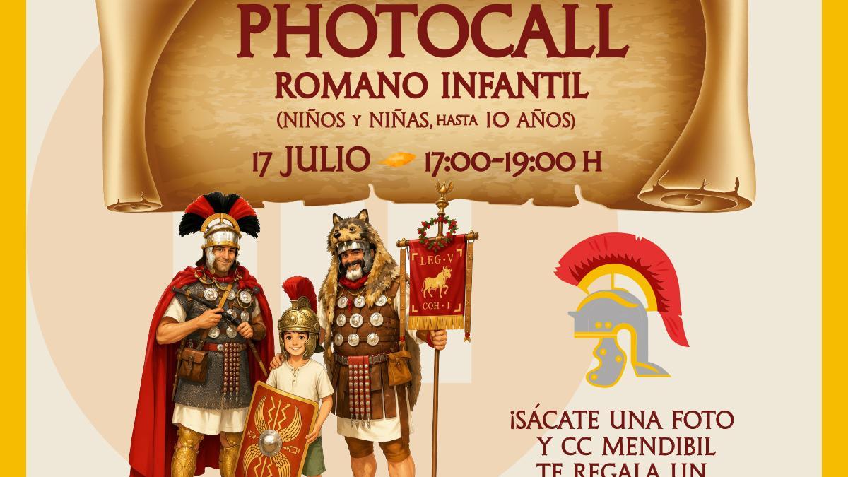 Cartel que anuncia el 'photocall' con personajes romanos el 17 de julio; una cita pensada para la diversión infantil. / CC Mendibil.