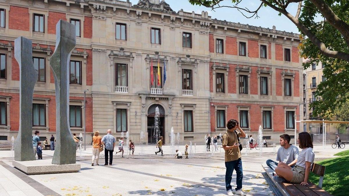 Recreación del Paseo de Sarasate tras la reforma del proyecto Isolíneas: esculturas de Oteiza y el nombre de Pamplona en el suelo.