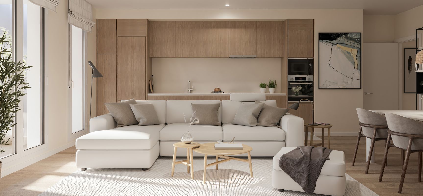 Cocina-salón comedor de una vivienda de Amezola Homes.