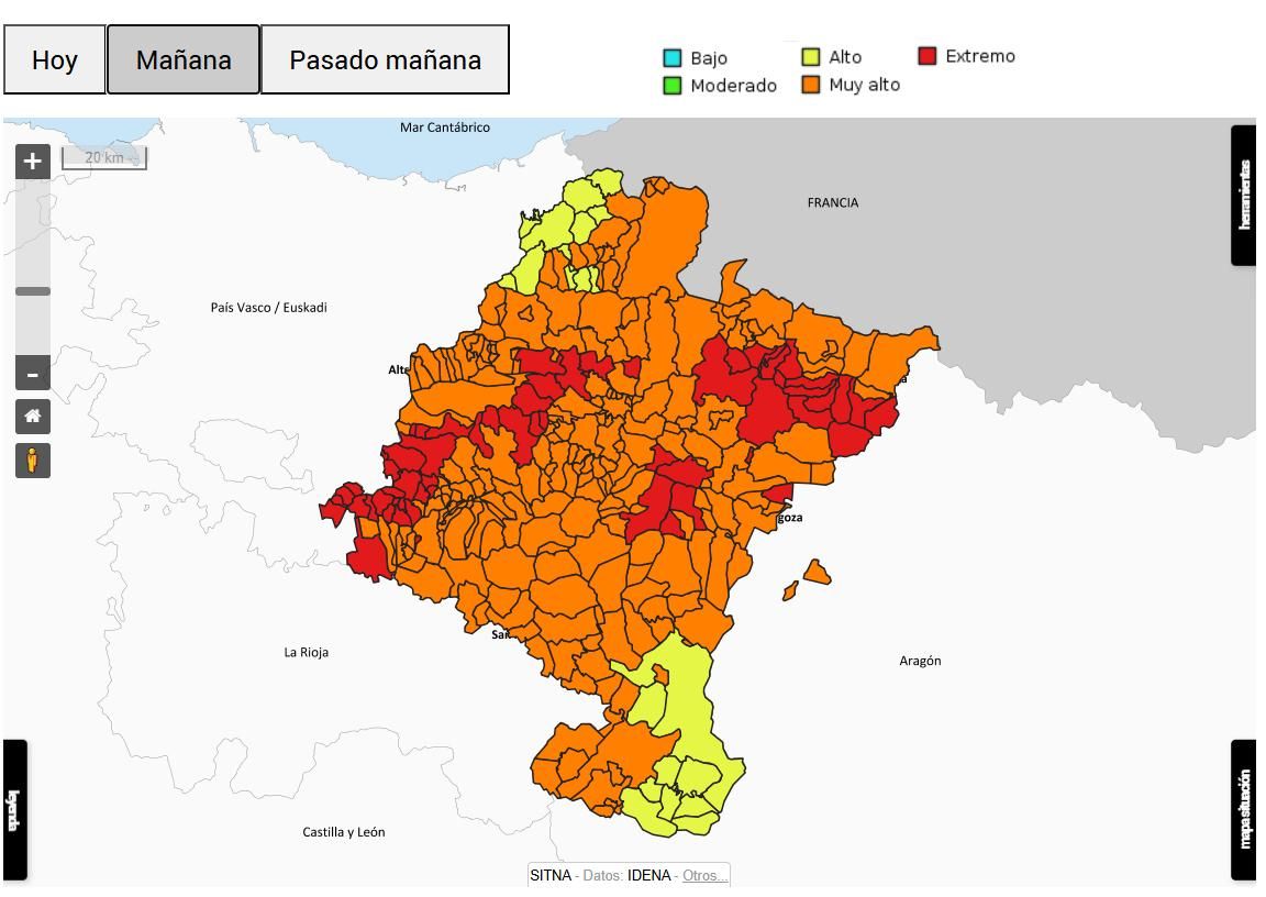 Mapa de riesgo de incendios forestales este jueves.