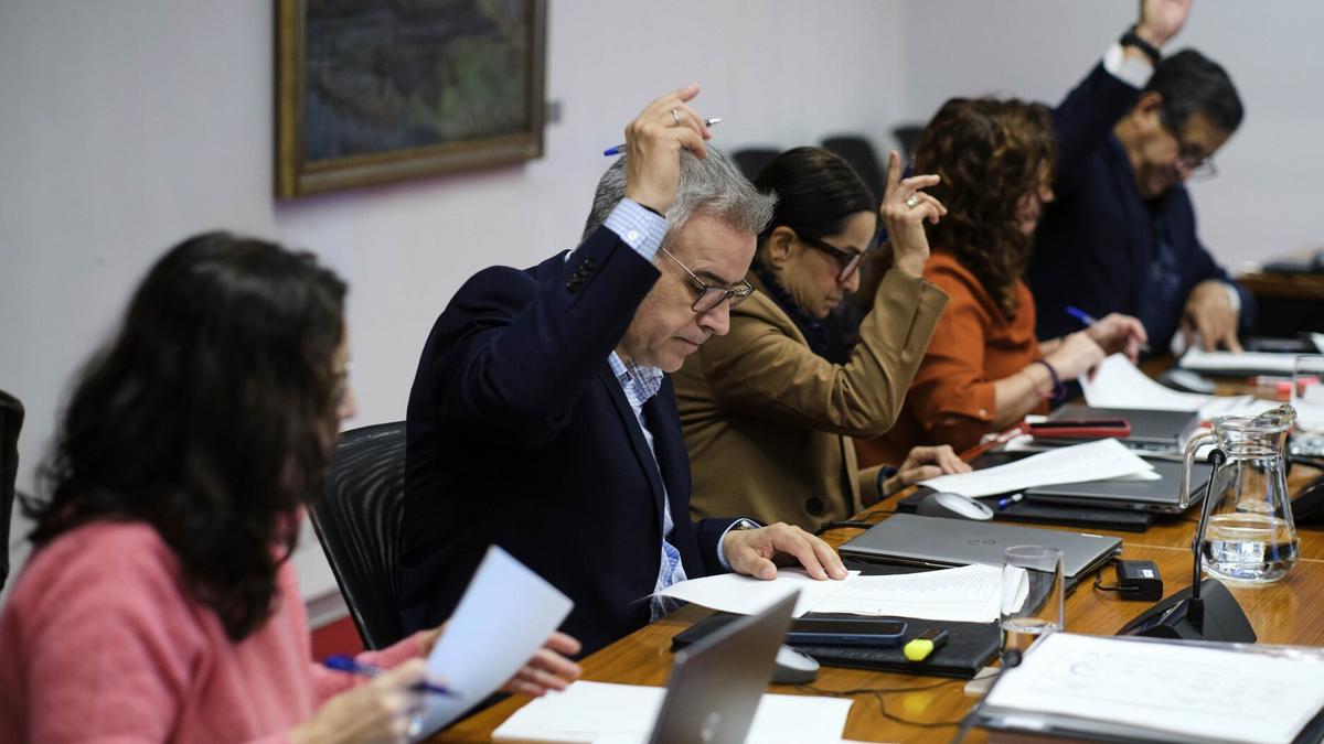 Parlamentarios de UPN y PP votan a mano alzada durante el debate de las enmiendas parciales al Presupuesto.