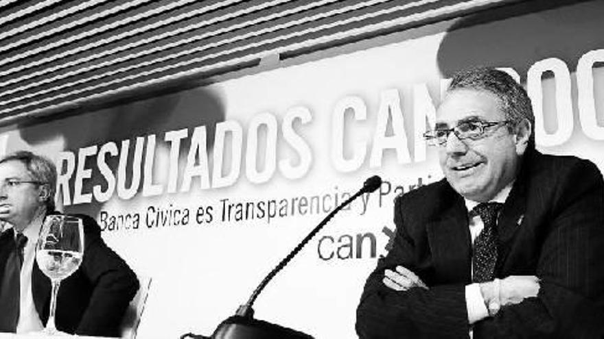 Enrique Goñi y Miguel Sanz, el 19 de febrero de 2010, en la última presentación de resultados de Caja Navarra.