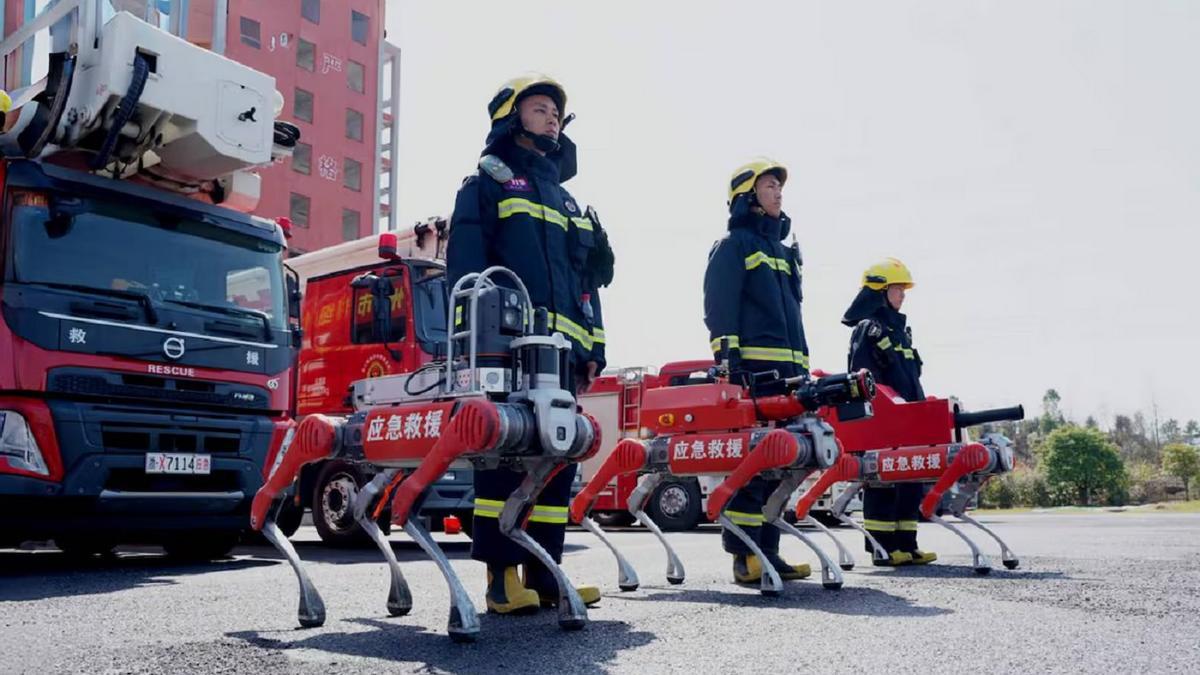 Perros robot junto a bomberos chinos.