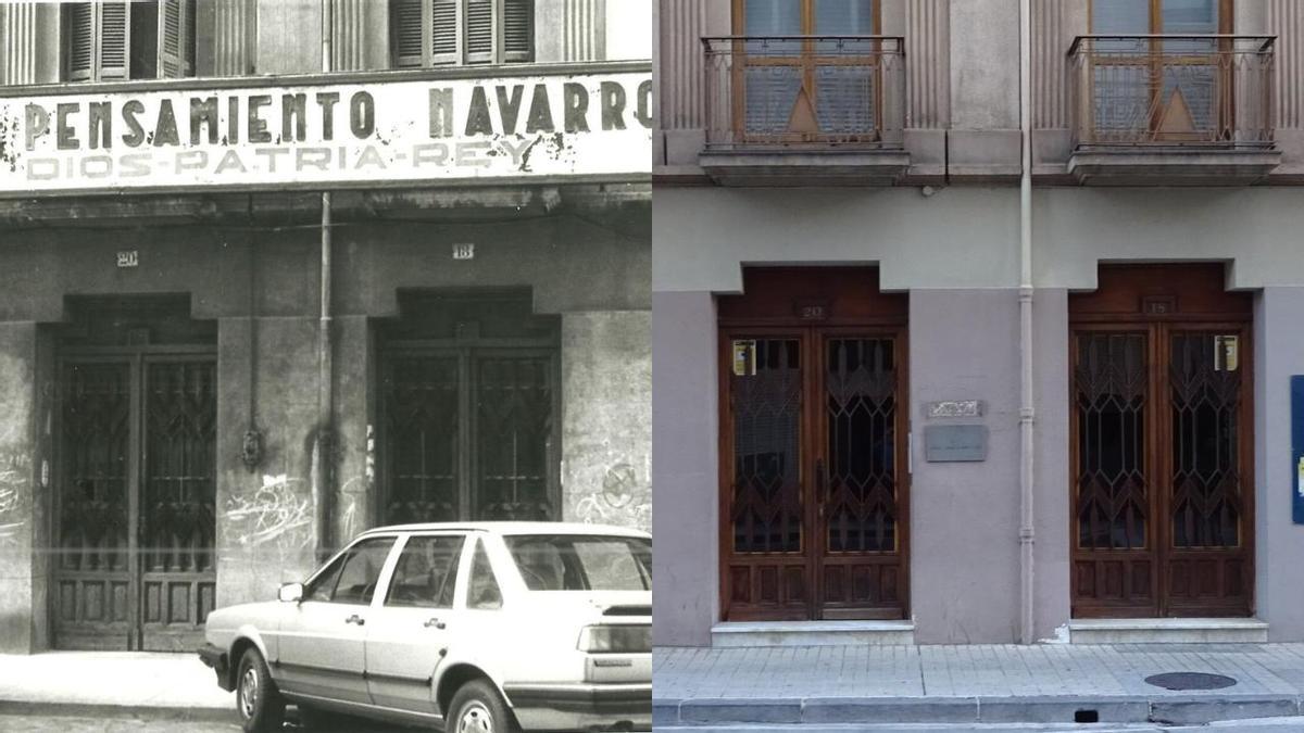 El Pensamiento Navarro en la calle Leire, en 1981, y el mismo lugar, hoy en día.