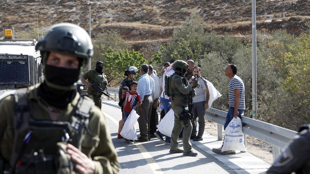Soldados israelíes impiden a los agricultores palestinos trabajar en la recogida de aceitunas en Cisjordania. Soldados israelíes impiden a los agricultores palestinos trabajar en la recogida de aceitunas en Cisjordania.
