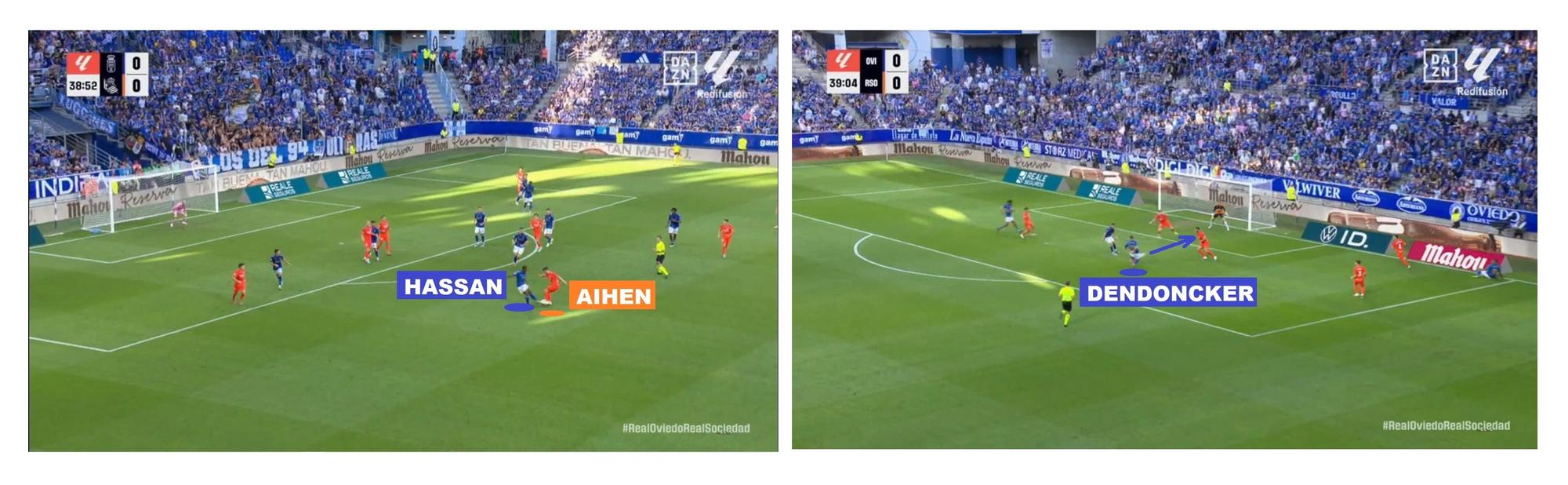 El 1-0 del Oviedo: Hassan roba ante Aihen en el minuto 38.53 y los asturianos marcan en el 39.05.