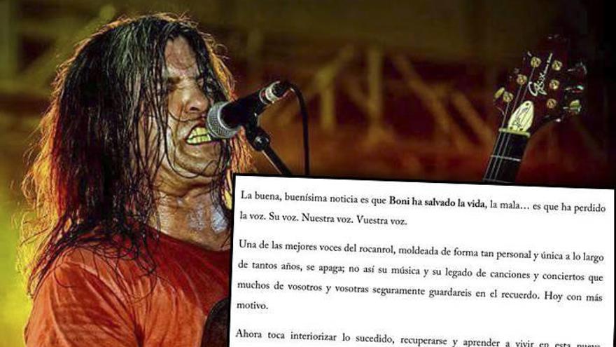 Boni, en uno de sus potentes conciertos. Sobre la imagen, comunicado publicado en sus redes sociales.
