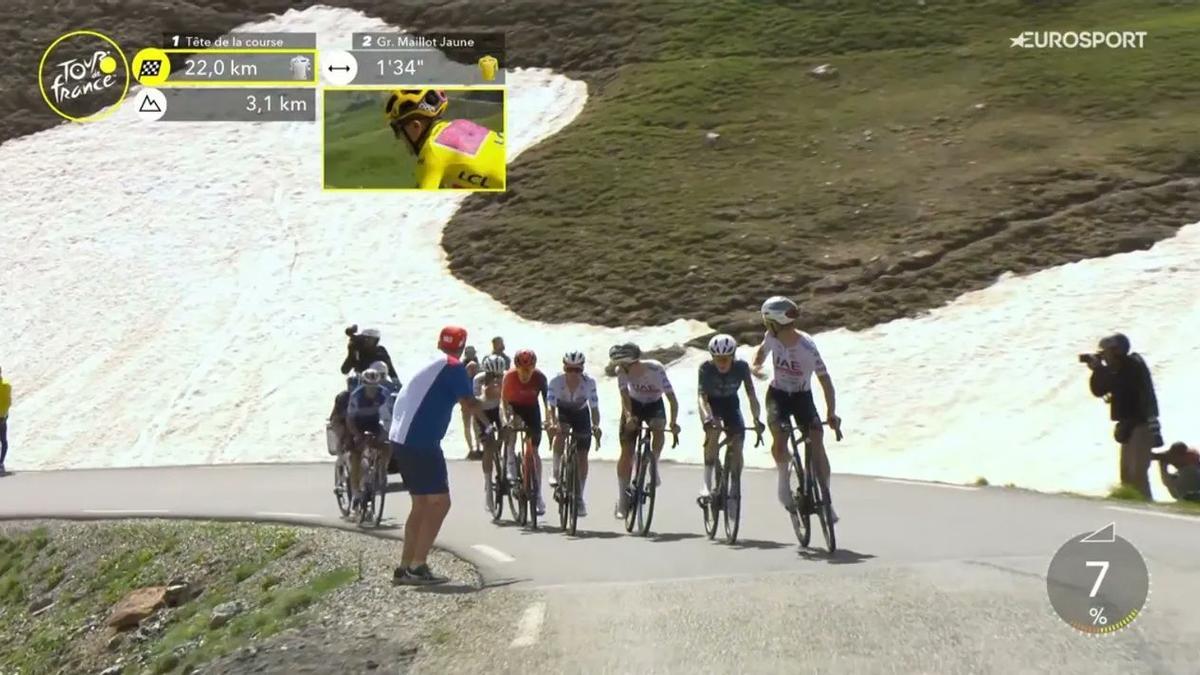 Pasaje de la etapa del Gailiber en el Tour de 2024 y Almeida pidiendo a voces la presencia de Ayuso.