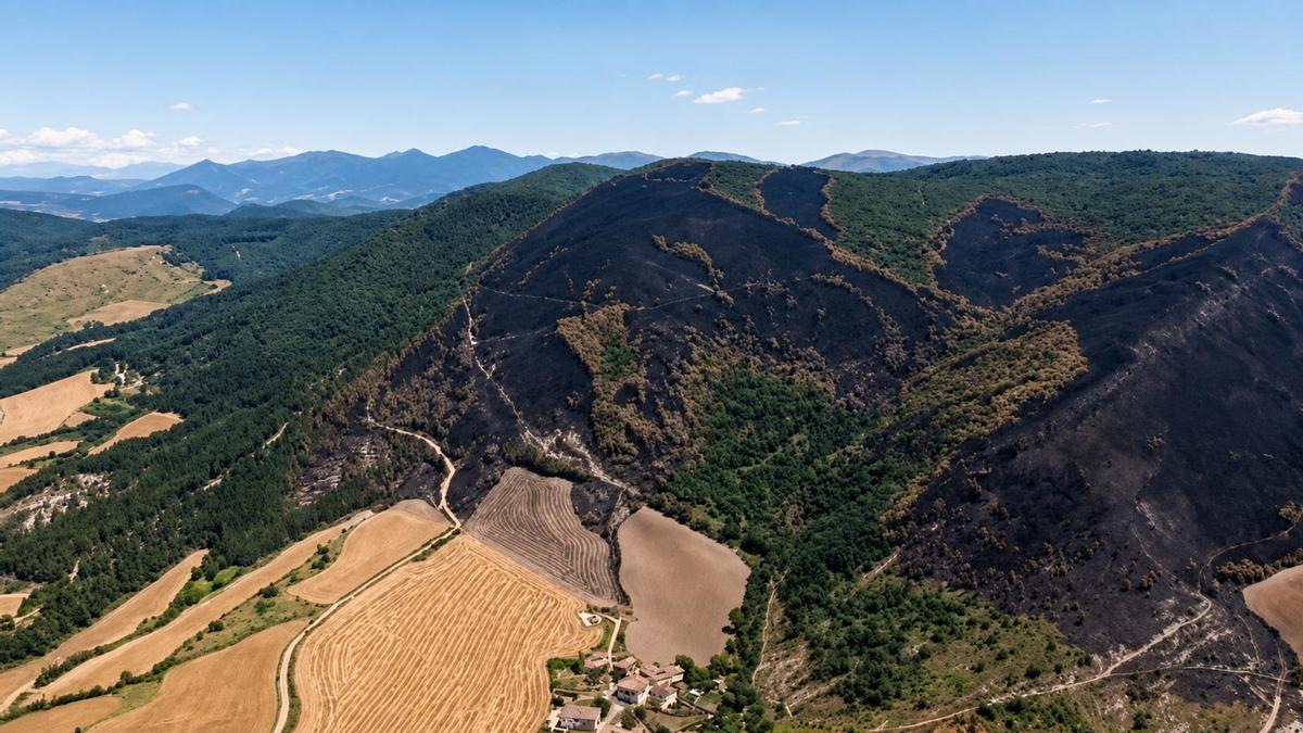 Vista aérea de la superficie quemada por el incendio de Ezkabarte
