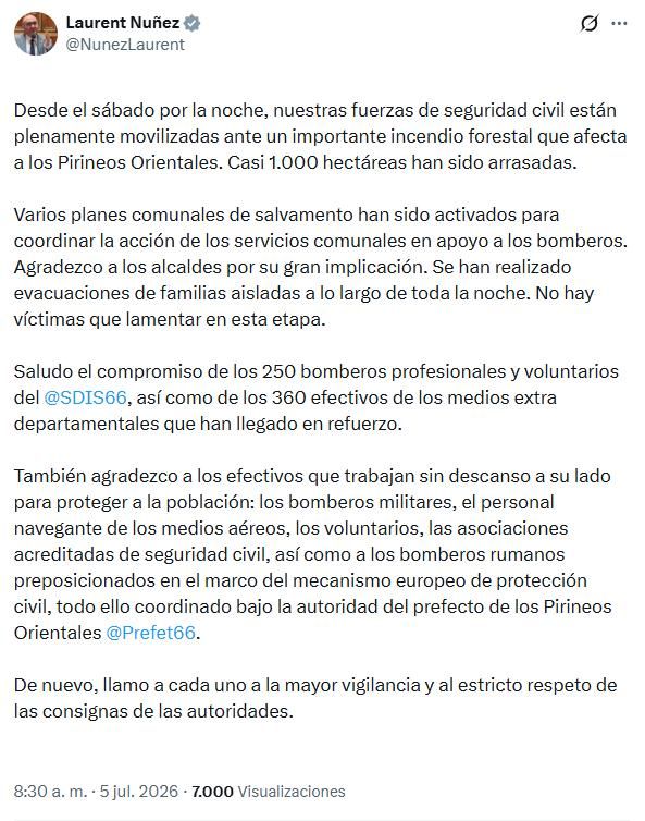 El ministro del Interior, Laurent Núñez, estimó a última hora de la tarde que las llamas habían quemado ya unas 2.000 hectáreas.