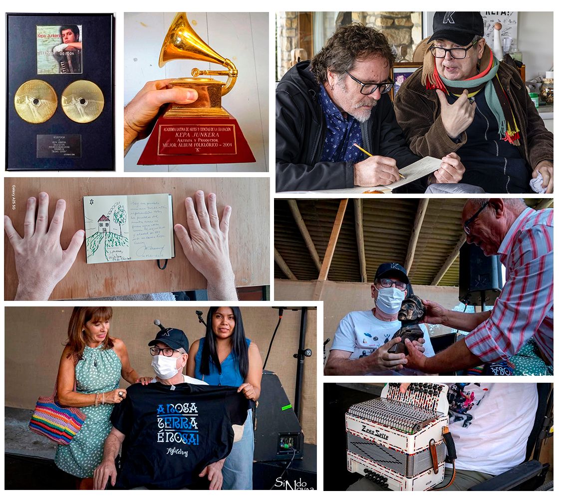 De izq. a derecha: El disco de oro por ‘Bilbao  00:00h’; el Grammy Latino al Mejor Álbum Folk por K (2004); junto a Fermín Aio en el rodaje de ‘Berpiztu’; la dedicatoria del escritor José Saramago; recibiendo un reconocimiento en Festiletras; y su preciada trikitixa.