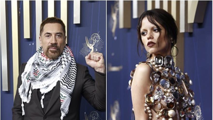 Alta costura y mensajes políticos: Jenna Ortega y Javier Bardem, protagonistas de la alfombra roja de los Emmy 2025