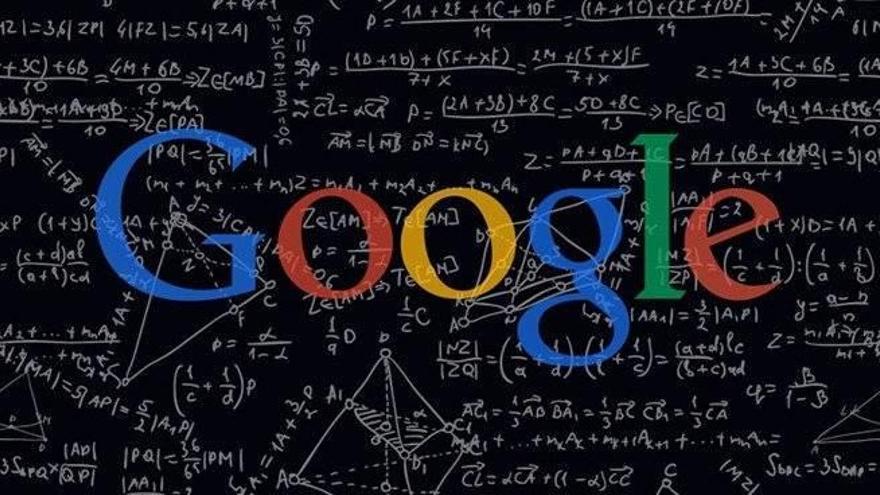 Ilustración diseñada con el logotipo de Google sobre diversos algoritmos.