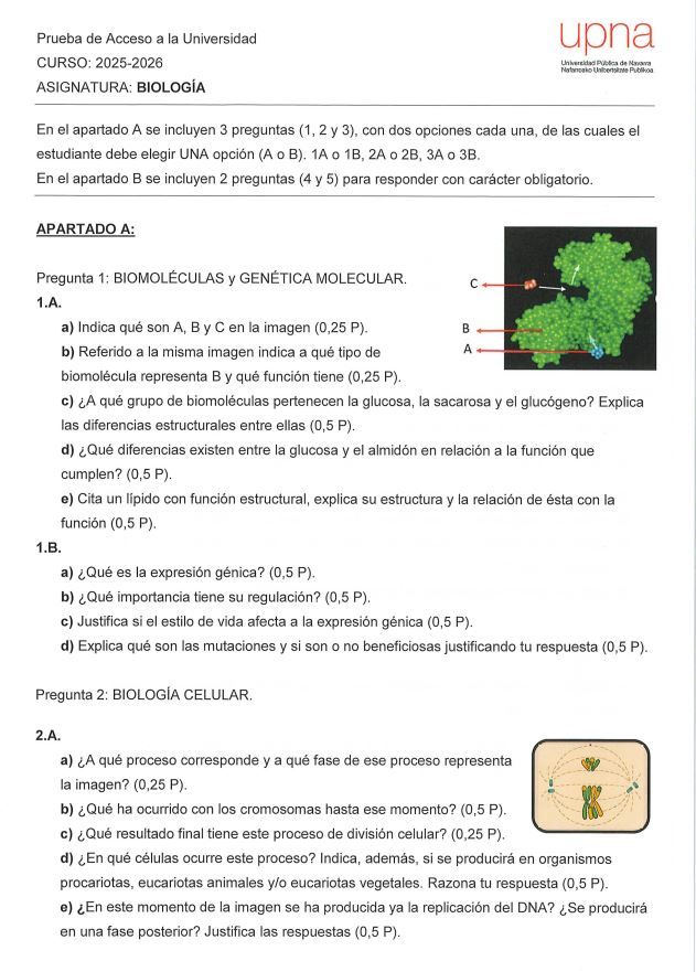 Primera página del examen de Biología de la PAU en Navarra