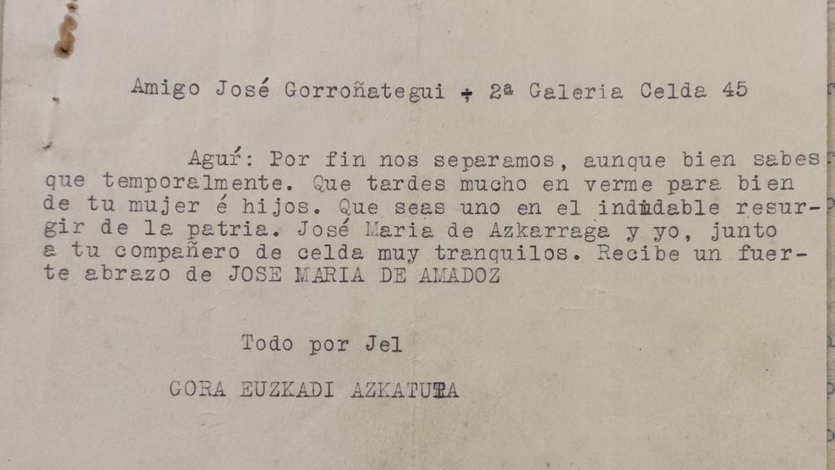 Carta de despedida dirigida a José Gorroñategui. Firmada por José María Amadoz, comisario del Batallón San Andrés y en la que consta también José María Azcarraga Mozo ‘Lurgorri