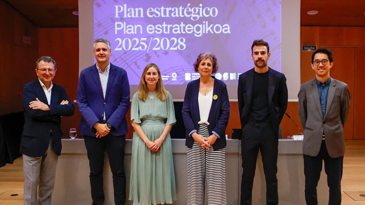 De i a d, Roberto Gómez de la Iglesia, Iñaki Apezteguía, Virginia Suárez, Rebeca Esnaola, Rubén Jauquicoa y Perry So, en la presentación de este viernes del Plan Estratégico de Fundación Baluarte y la OSN.