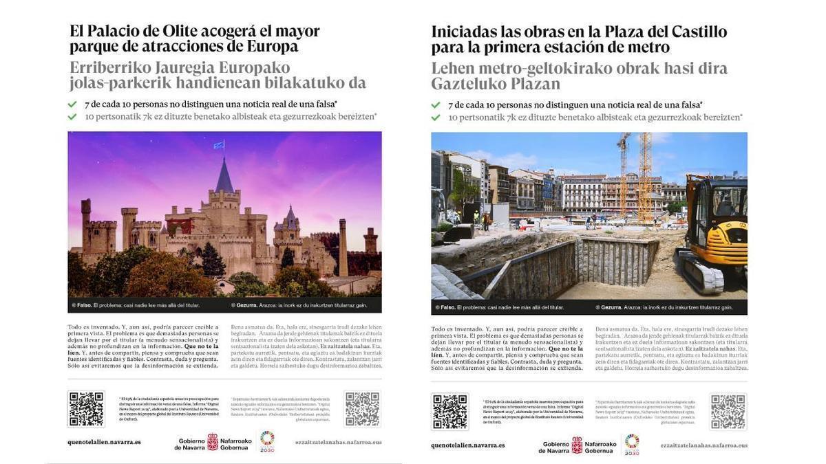 Carteles con las noticias falsas para ilustrar la campaña del Gobierno de Navarra