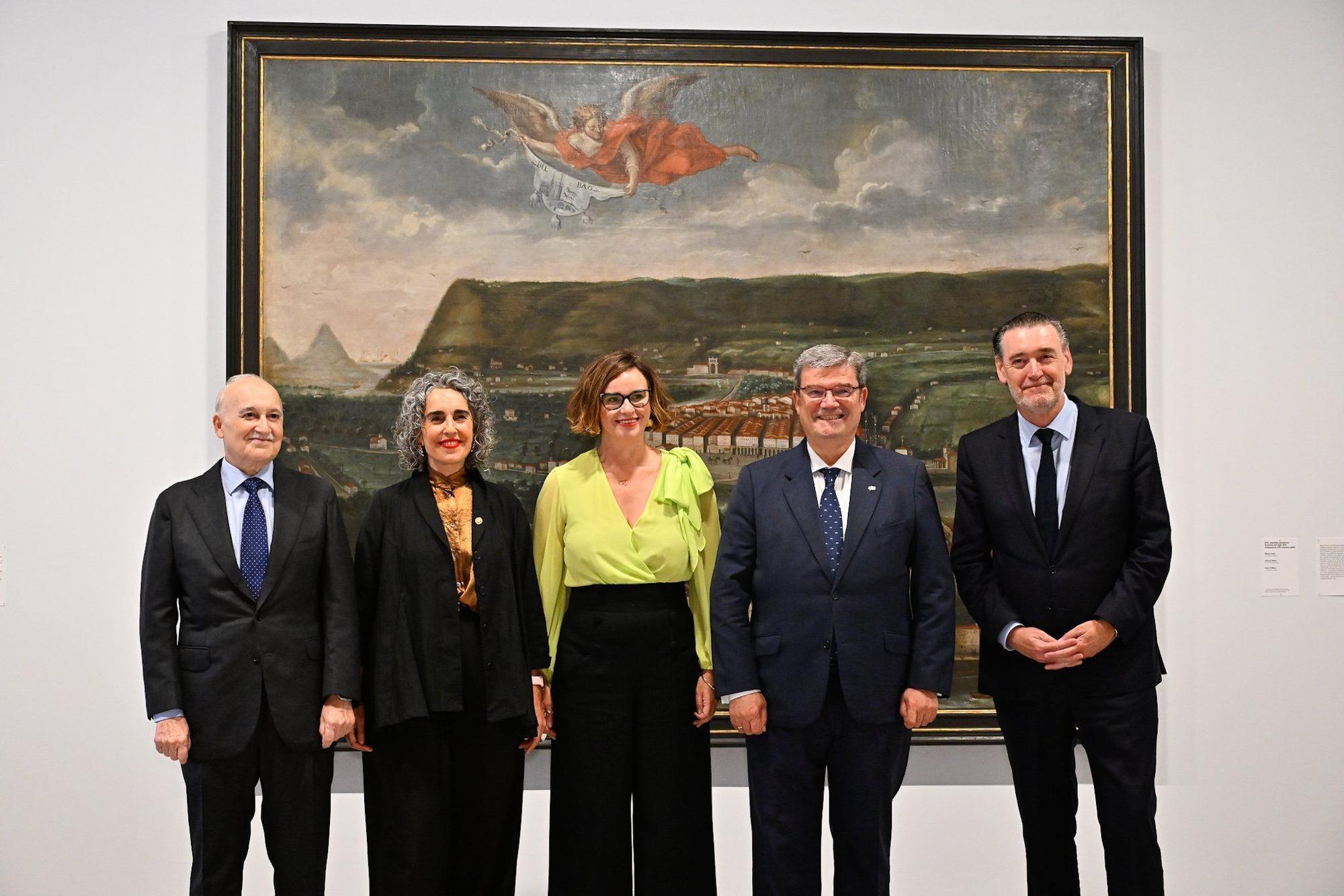 Gorka Martínez, de la Fundación BBK; la vicelehendakari Ibone Bengoetxea; la diputada general, Elixabete Etxanobe; el alcalde de Bilbao, Juan Mari Aburto y Miguel Zugaza, director del BB.AA.