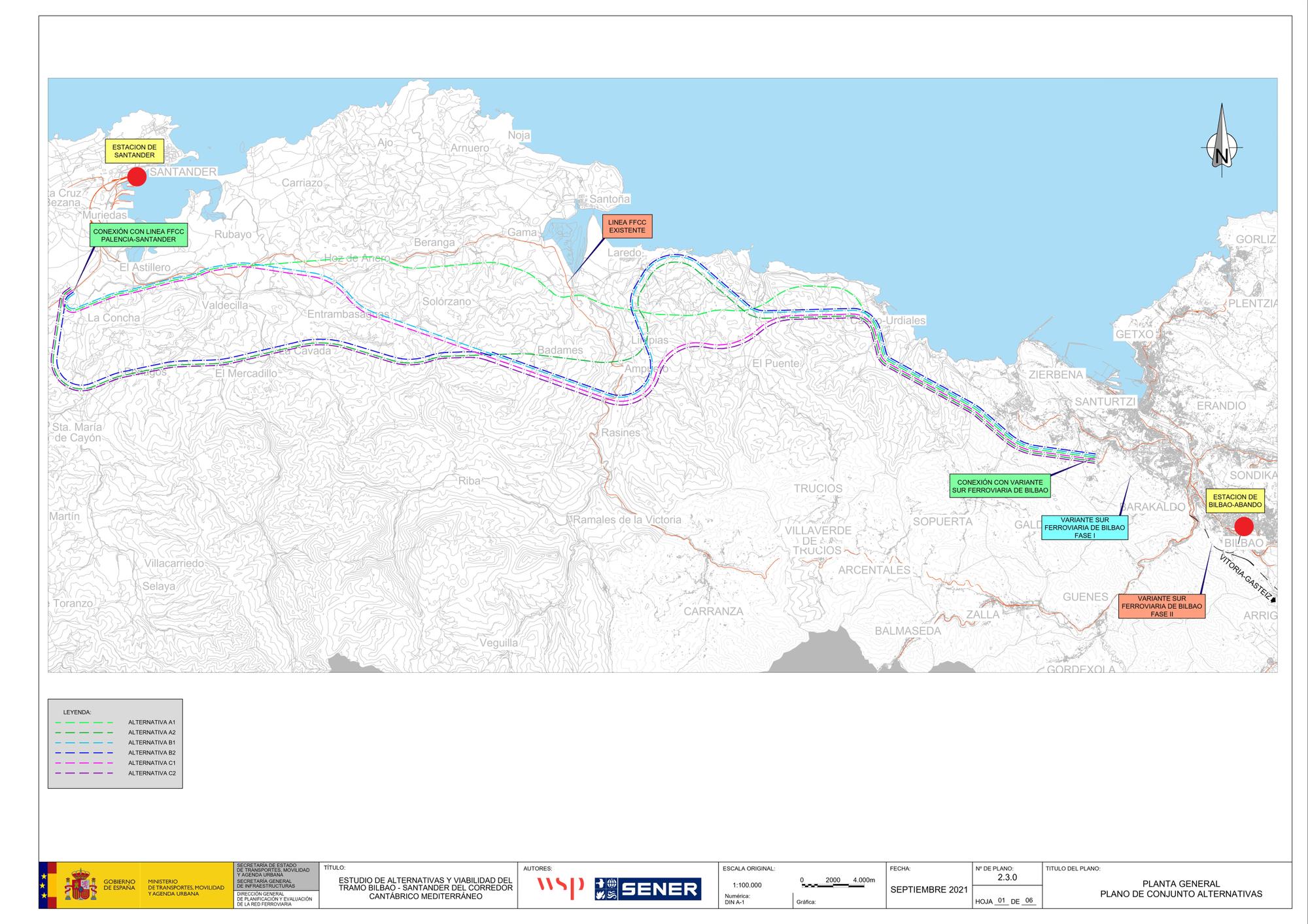 Plano conjunto de alternativas al tren de Bilbao a Santander
