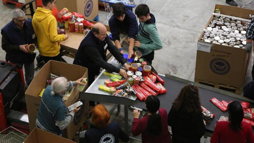 Un grupo de personas voluntarias ordena los alimentos donados al Banco de Alimentos.