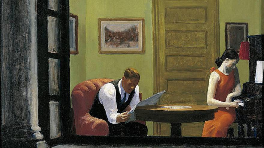 Fotografía facilitada por el Museo de Arte de la Universidad de Nebraska del óleo sobre lienzo &quot;Habitación en New York&quot; (1932), de Edward Hopper.
