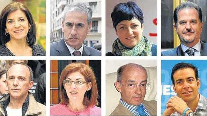 De izquierda a derecha y de arriba a abajo, los candidatos Izaskun Bilbao (PNV-Coalición por Europa), Ramón Jáuregui y Eider Gardiazabal(PSOE), Carlos Iturgaiz (PP), Josu Juaristi (EH Bildu-Los Pueblos Deciden), yMaite Pagazaurtundua y Fernando Maura (UP
