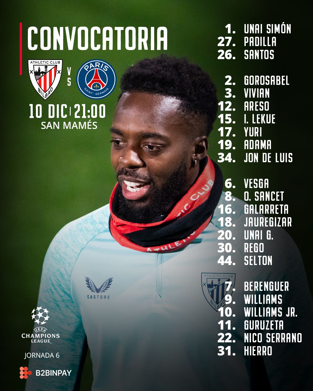 Convocatoria del Athletic para enfrentarse al PSG.