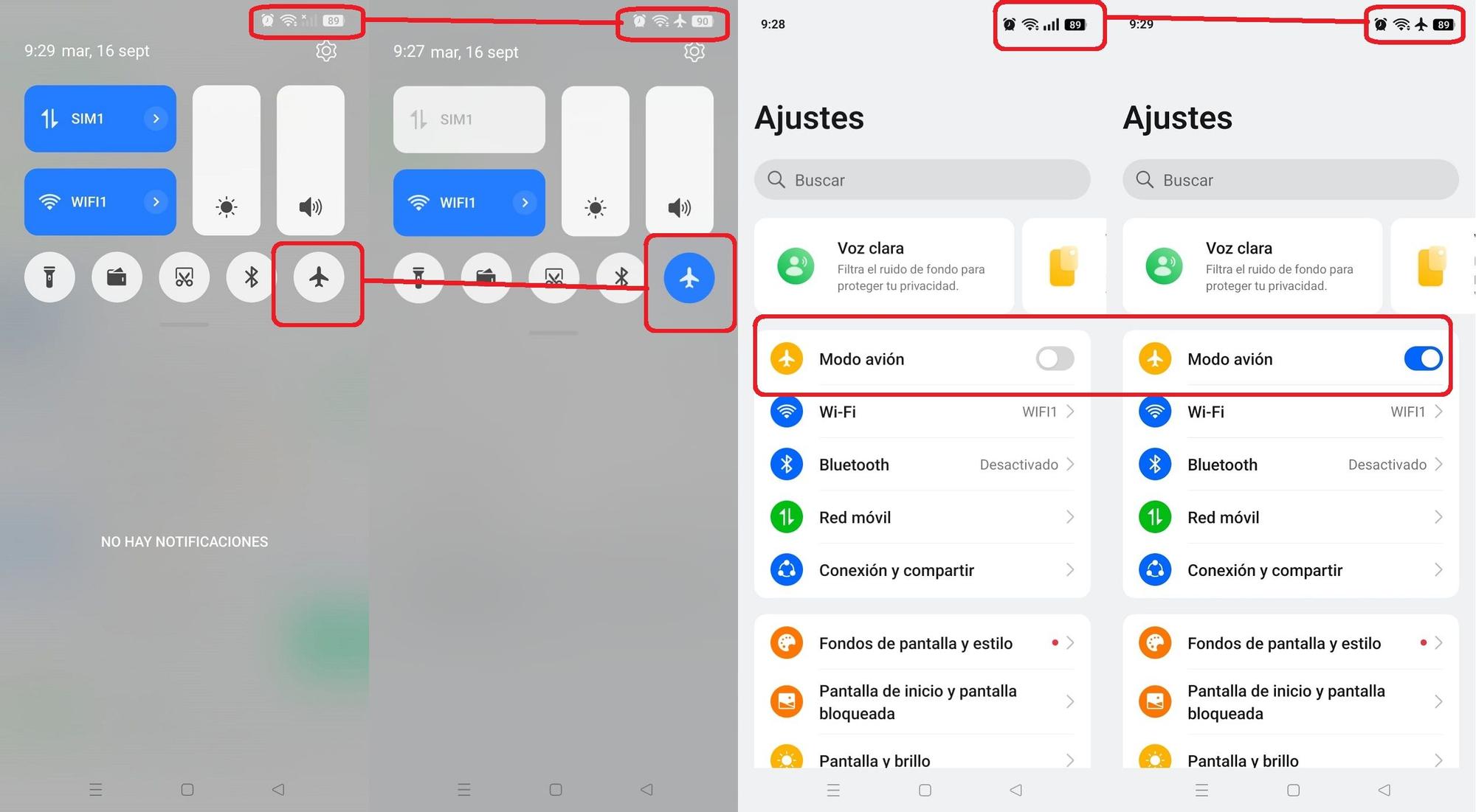 A la izquierda del combo, cómo activar el &#039;Modo avión&#039; a través de los atajos del móvil clicando sobre el icono del avión. Una vez activado, se desconectarán los datos móviles y se encenderá en la esquina superior de la derecha la silueta de un avión. A la derecha, cómo conectar esta función desde la &#039;Ajustes&#039; del móvil. Basta con activar esta opción pulsando el botón..